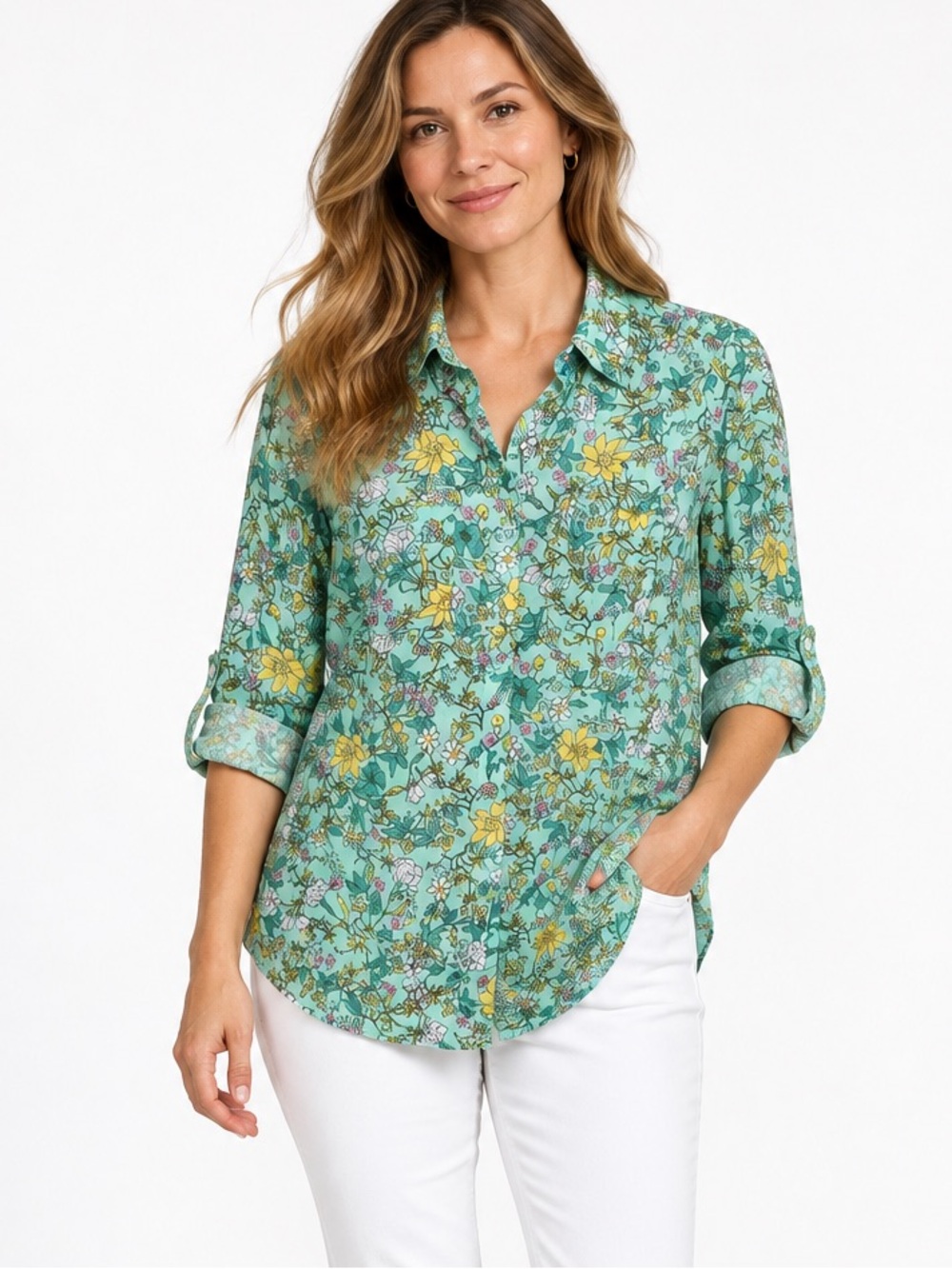 Charter Club Luxury Linen Button up Shirt Sz S Floral Mint Green Roll Tab Sleeve